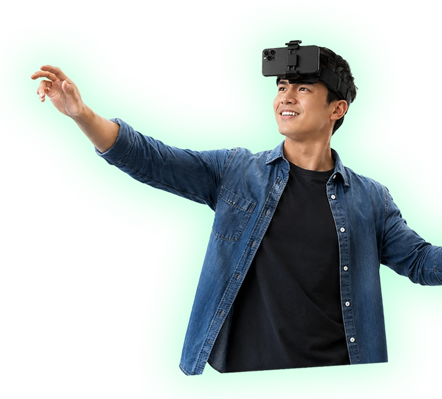 A Filipino creator recording point-of-view video with a phone headset